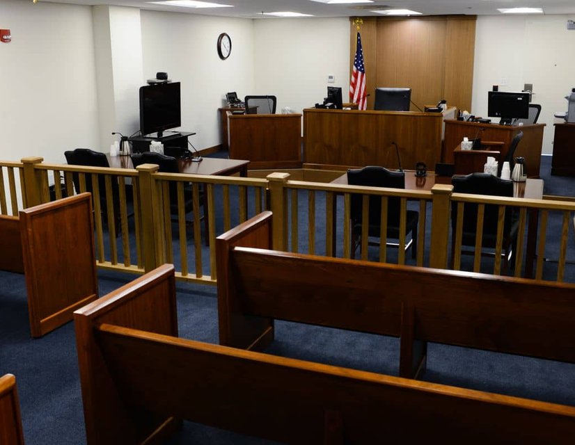 Empty courtroom benches